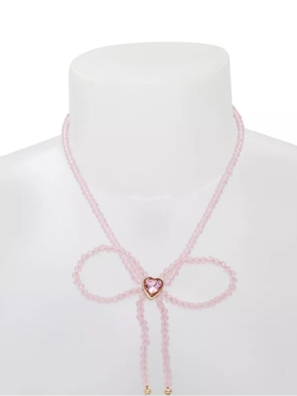 Betsey Johnson Crystal Beaded Pink Bow Lariat Necklace with Gold Accents